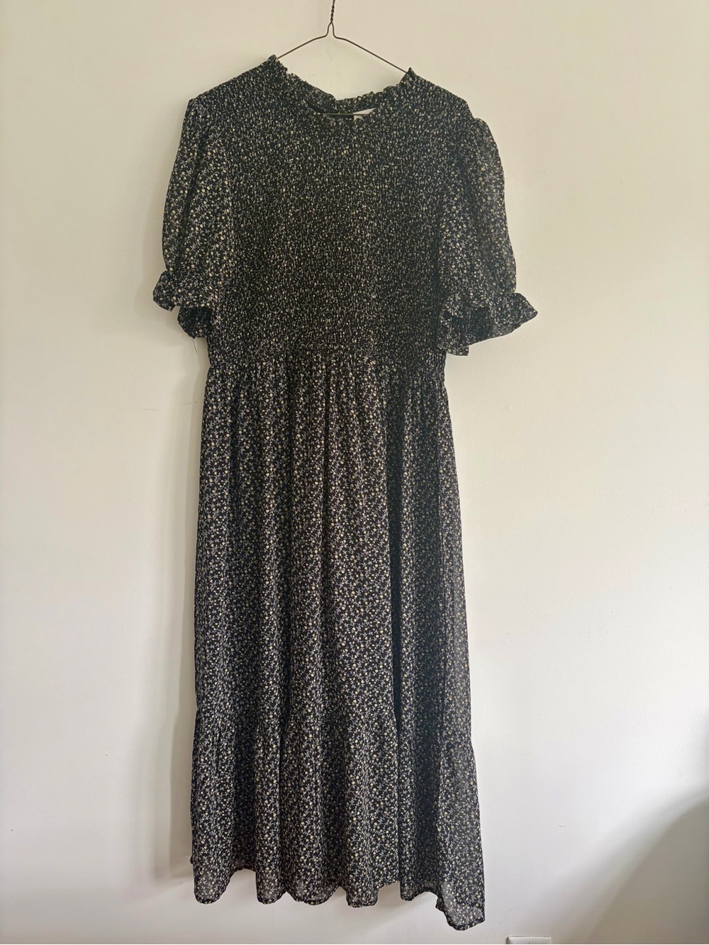 Böhme Black Floral Midi Dress with Ruffle Sleeves